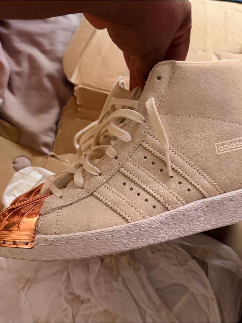 adidas Beige Suede High-Top Sneakers with Metallic Copper Toe